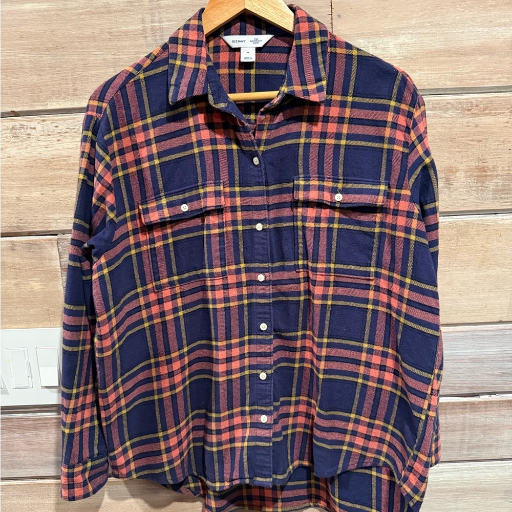 Old Navy Navy Plaid Button-Down Shirt with Pink and Yellow Stripes Size M